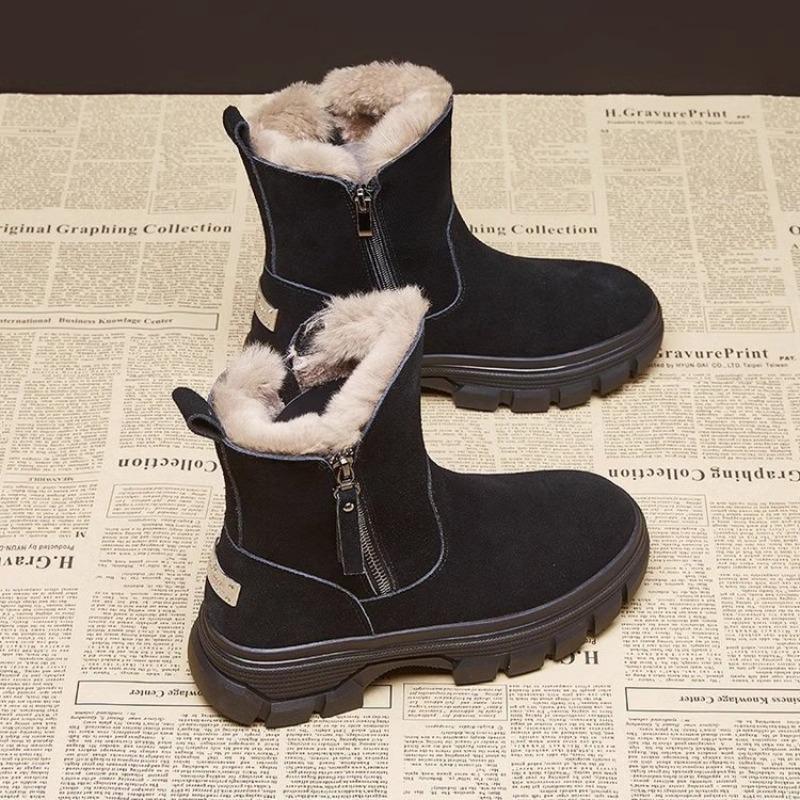Versatile Shoes with Fleece-lined Short Boots - New Style Snow Boots, Mid-calf Thick Heel, Cotton Boots