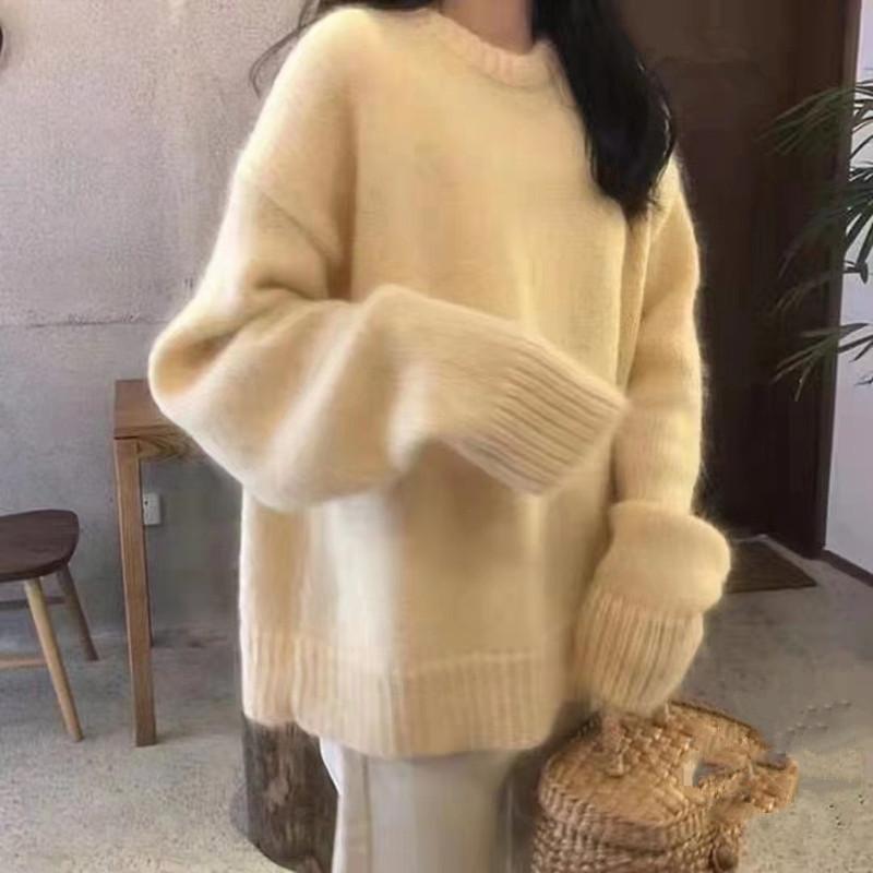 Kadın Kış Oversize O Yaka Kalınlaştırma Kazak Bol Yumuşak Günlük Düz Renk Uzun Kollu Örme Kazaklar