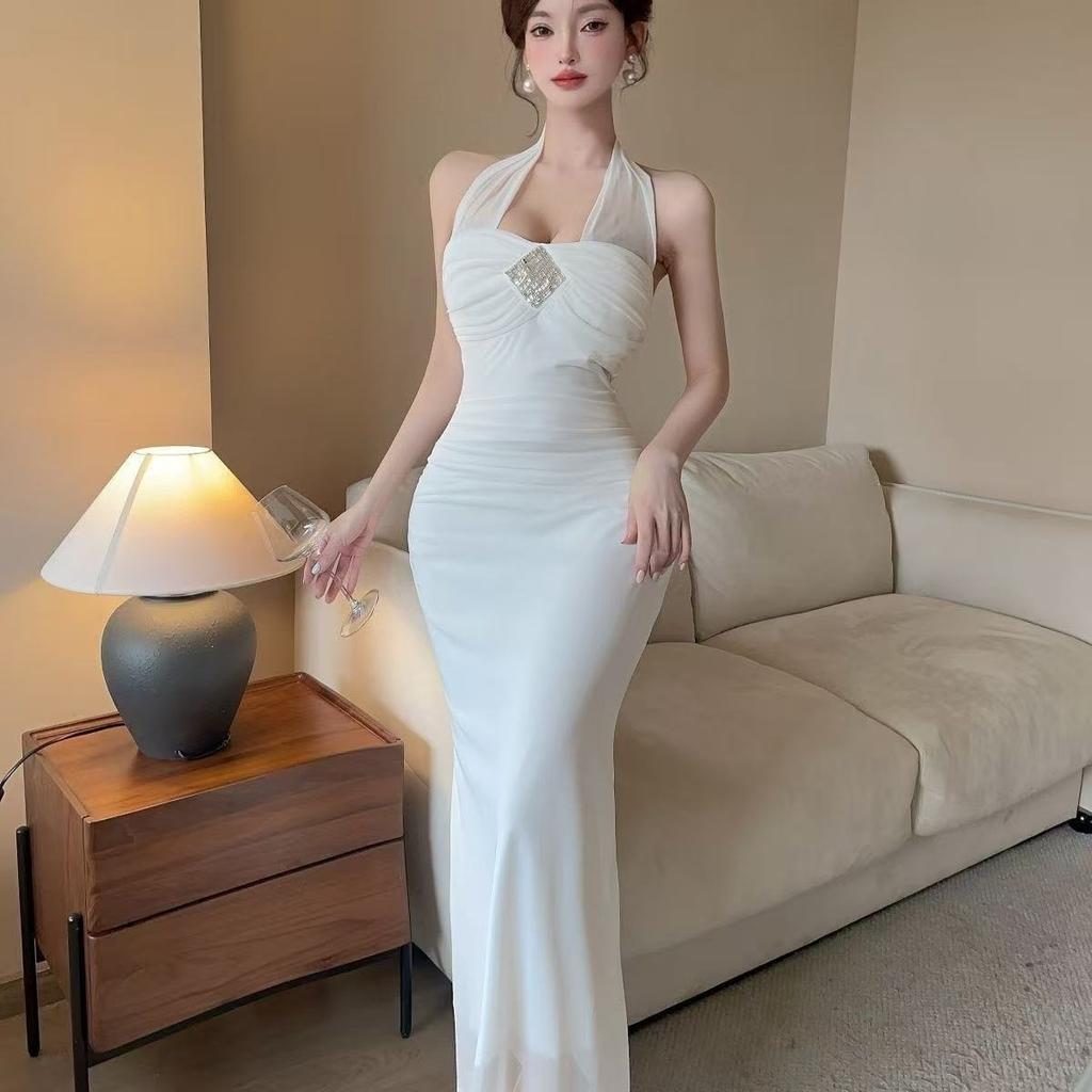 French niche fashion design sense pure desire neck sexy long dress low cut mesh style dress summer