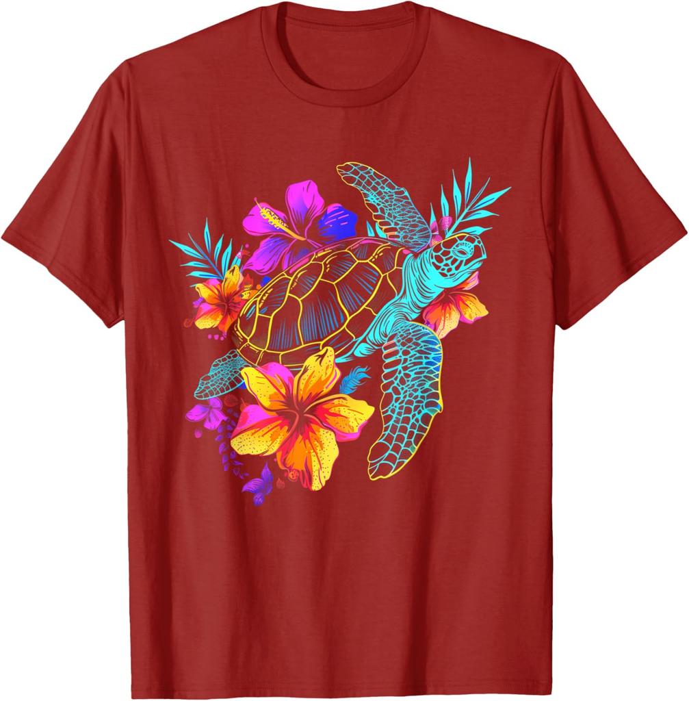 Sea Turtle Hawaiian Flowers Graphic T-Shirt Breathable Cotton Casual Trip Tee for Men