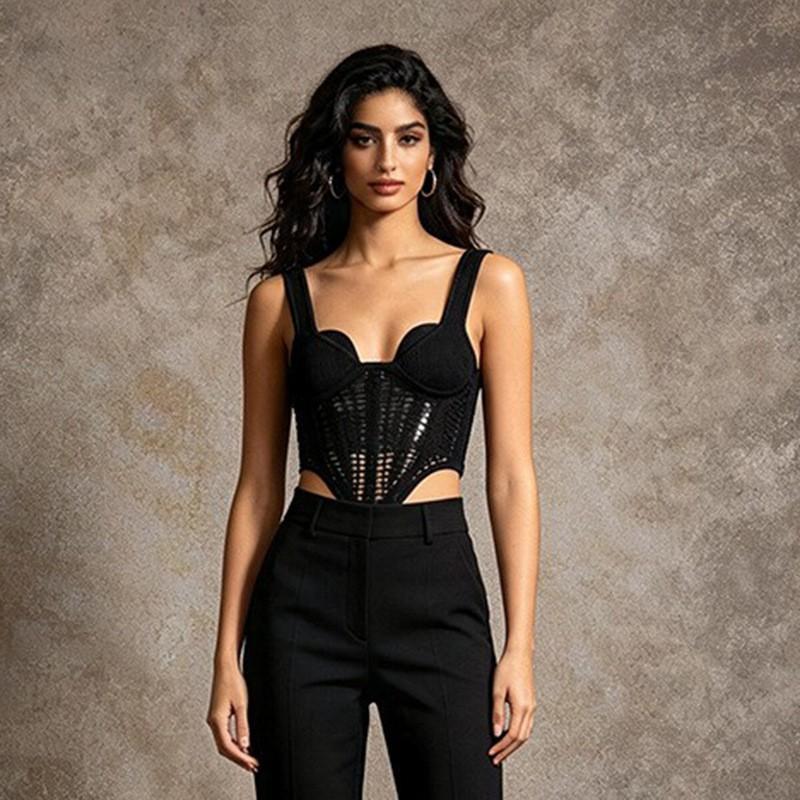 Womens Sexy Lace-Up Knit Camisole With Boned Corset Waist Hollow Out Detail Slim Fit Top
