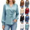 Women's Satin Blouse, Spring , Ruffled Long Sleeves, Front Pleated Button-down Top