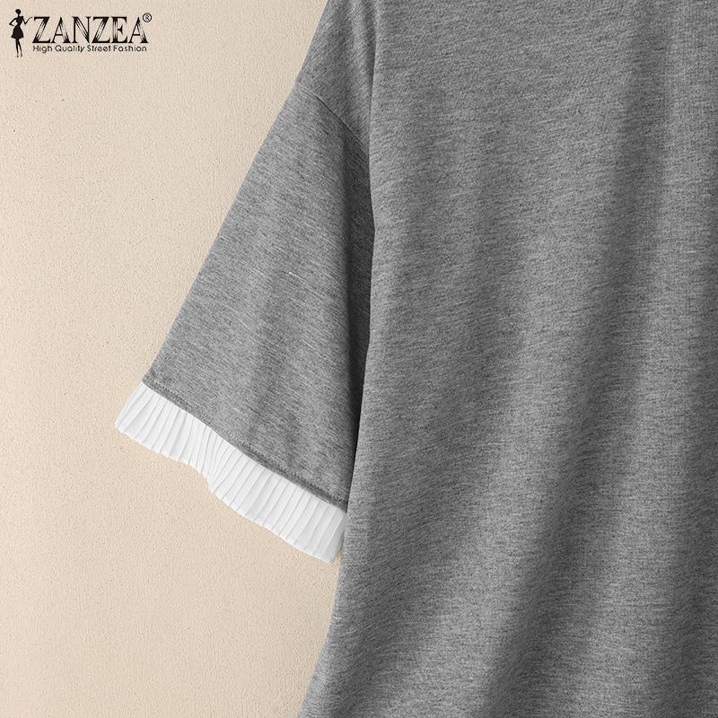 ZANZEA Women Round Neck Short Sleeve Ruffled Patchwork Solid Color Casual Blouse