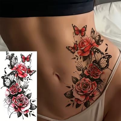 Waterproof Fake Tattoos Butterfly Tattoo Sticker 1 Sheets Cover Scars Sticker Red Rose Temporary Tattoo  Accessories