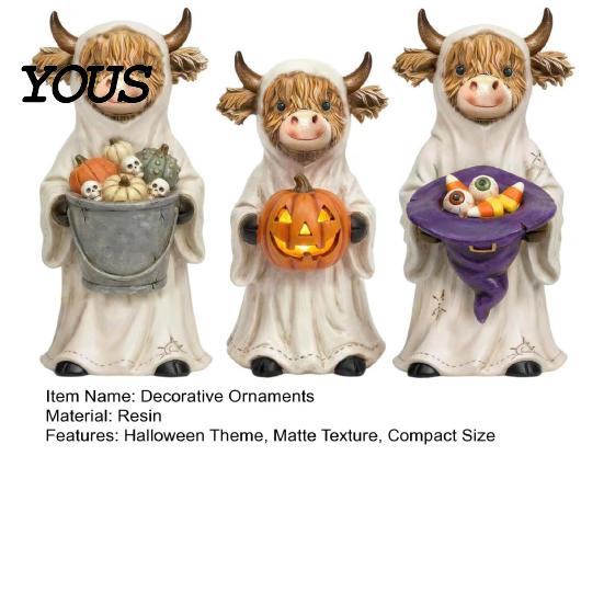 Resin Craft Figurine 3Pcs Halloween Ghost Highland Cow Figurines, Yak Statues with Pumpkin, Farmhouse Dark Style Ornament Tabletop Ornaments