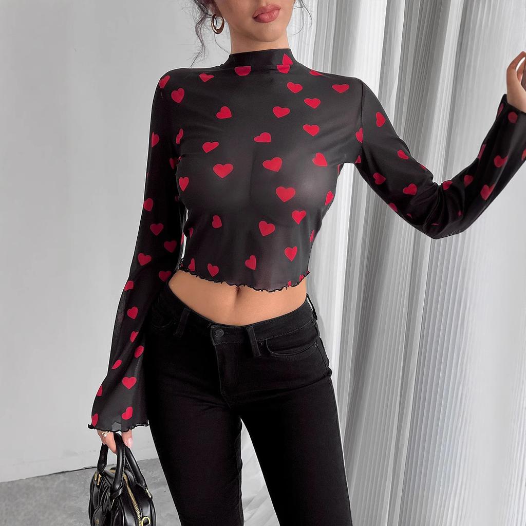 Ins Herbst Damen Netzprint Rundhals Glockenärmel Langarm T-Shirt Mode Täglich Basic Büro Dame Lässig Slim Fit Damen Elegantes Oberteil