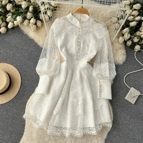 Elegant French Bellflower Lace Dress - Spring/Autumn Ruffle Princess Style