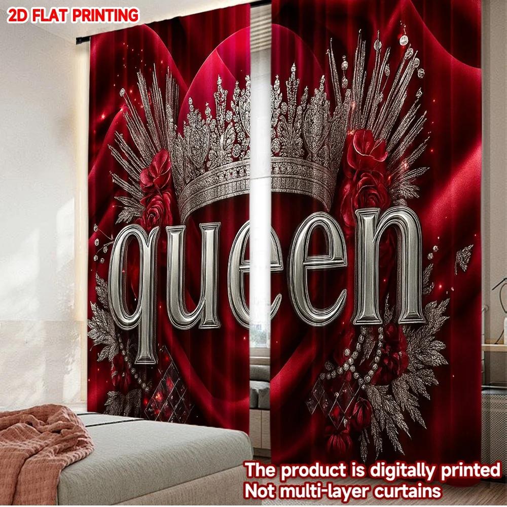 

2pcs Queen Crown Curtains Digital Printing Silver 3D Letter with Red Flowers on Satin Background for Luxurious Bedroom Decor 100*130 Grommet Top 1pcs