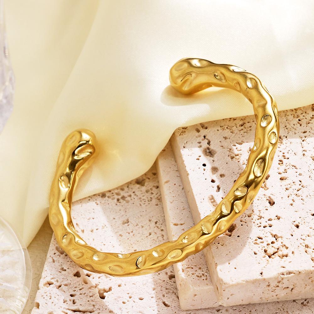 European Stainless Steel Open Cuff Bracelet for Women, Hammer Texture or Thorn Pattern Design, Light Luxury Style.