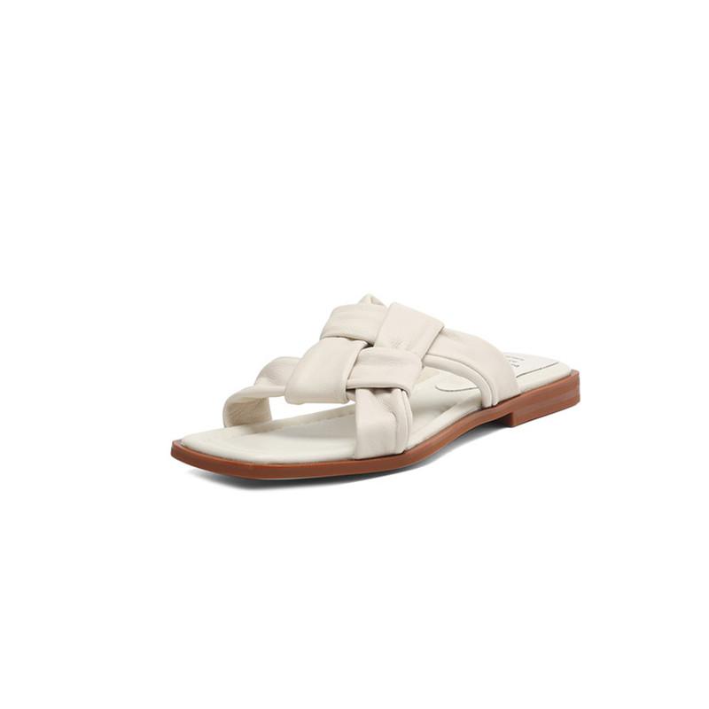 Fashion New Summer Slippers Genuine Leather Sandals Square Toe Shoes for Women Fashion Concise Low Heels Slippers Handmade Apricot