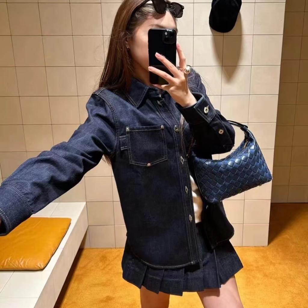 Spring and Summer New High-end Leather Woven Denim Lunch Box Bag Underarm Handbag