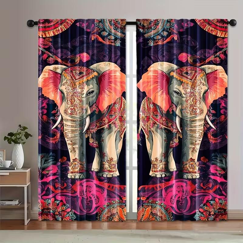 2 Pcs Retro elephant print curtains,suitable for bedroom,living room kitchen decoration,home decoration,window decoration