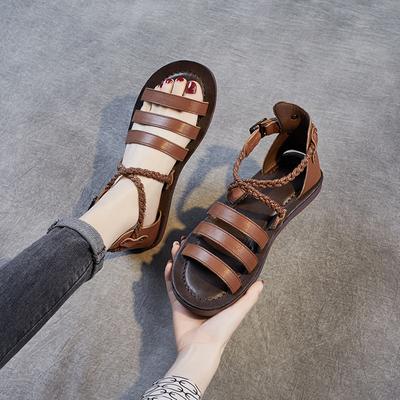 Zomer Nieuwe Nationale Stijl Literatuur En Kunst Vintage Leer Hand -Geweven Gesp Platte Zachte Zool Dames Schoenen Sandalen