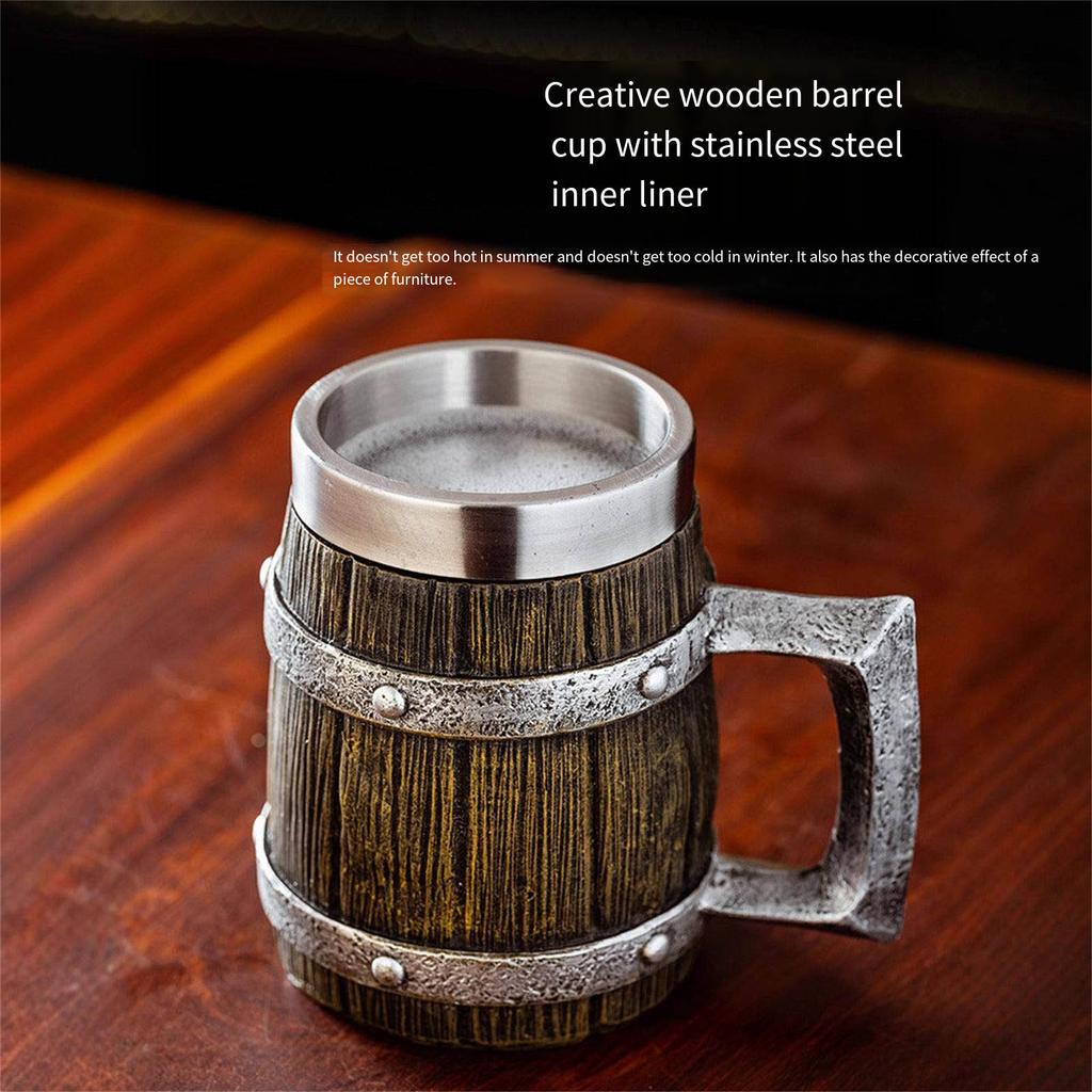 Insulated Nonrust Steel Beer Cup Retro Wood Texture Design Oversized Capacity Resin Reinforced Exteriors For Camping Parties