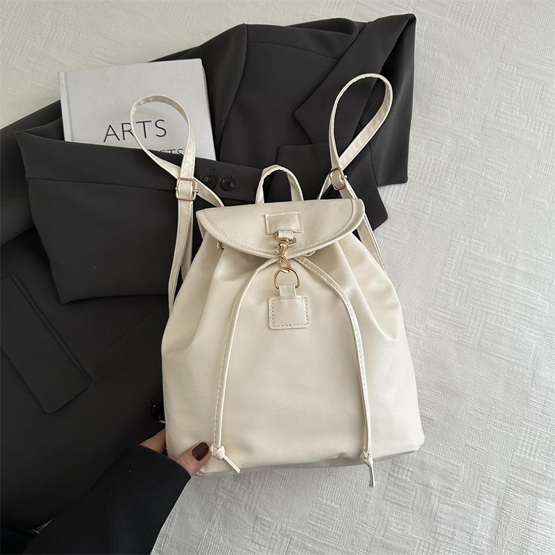 Soft PU Leather Drawstring Flap Backpack, Minimalist Gold Hardware Casual Daily Travel Bucket Backpack For Women
