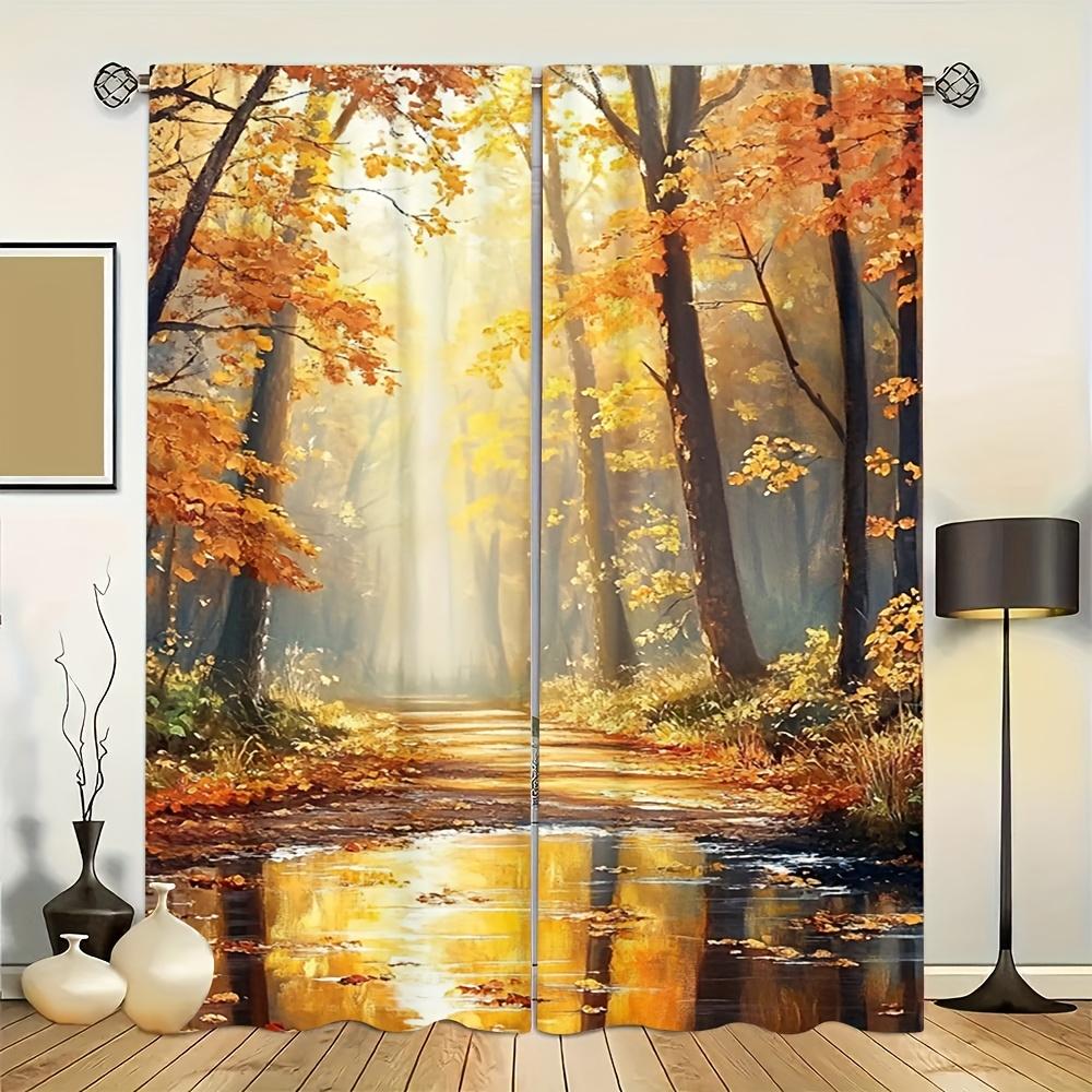 

Set Of 2 Autumn Forest River Print Curtains Polyester Semi Transparent Art Deco Style Modern Made Machine Washable W100*H70(CM)-Rod Pocket&2PCS