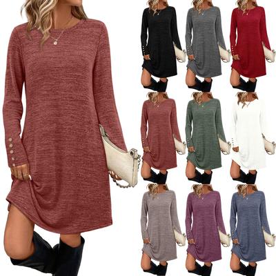 Damesmode Casual Jurk met Zakken, Decoratieve Knopen, Ronde Hals, Lange Mouwen, Effen Kleur