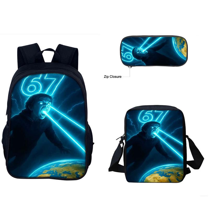 New 3Pcs Creative Number 67 Print Backpack Set Primary Middle School Students Casual Schoolbag Kit With Pencil Case Back To School Gift
