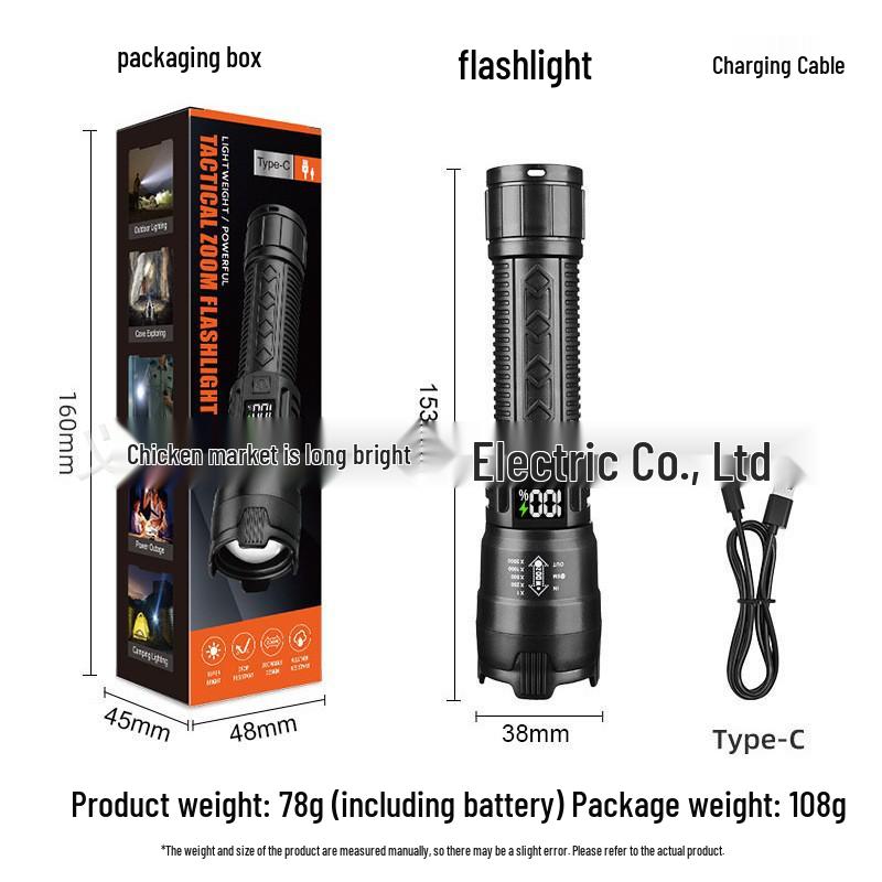 White Laser Flashlight with Telescopic Focus, LCD Display, Long Range, Rechargeable Battery, and Emergency Features