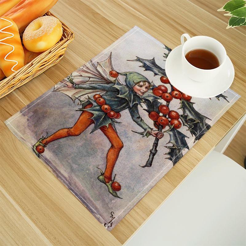 The Fairies Of The Winter Print Linen Dining Table Mats Alphabet Kitchen Placemat 30X45cm Coasters Pads Bowl Cup Mat