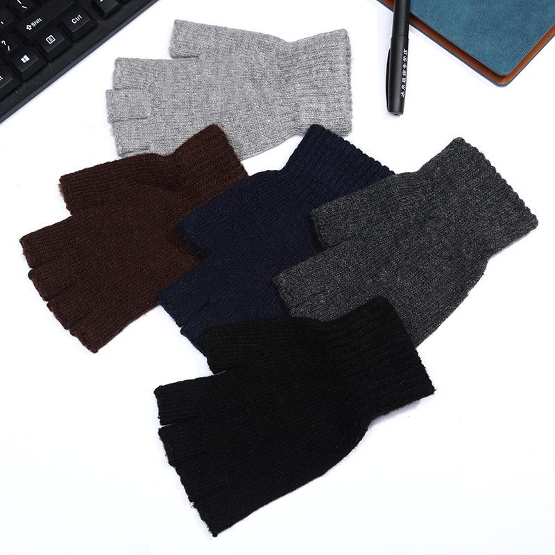 Herren Halb-Finger Strickwollhandschuhe - Warm, Dick, Einfarbig, Fingerlos zum Tippen
