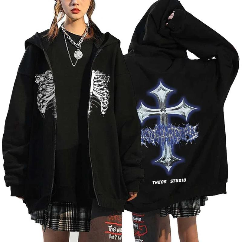 Fall Winter Trend Vintage Pattern Print Fleece Hoodie Zipper Men's Women's Loose Jacket Fashion Gothic Hip Hop Style Sweatshirt