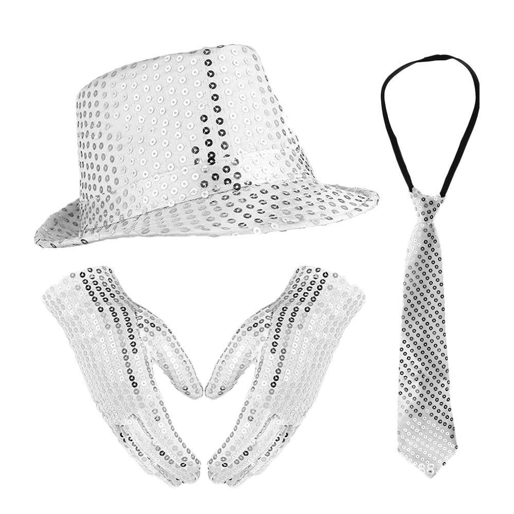 Shiny Sequined Hat Tie Gloves Set Masquerade Disco Stage Performance Costume  for Men Women