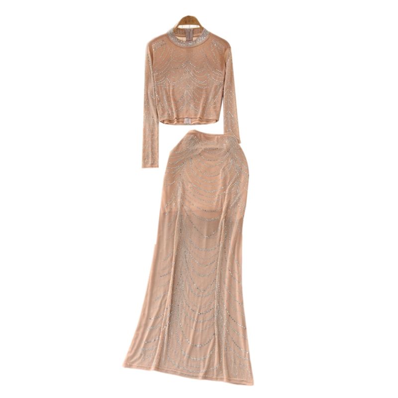 Influencer Picks 2024 Summer New Arrival Elegant Socialite Heavy Embroidery Hot Drilling Yarn Tops + Long Sheath Skirt Suit