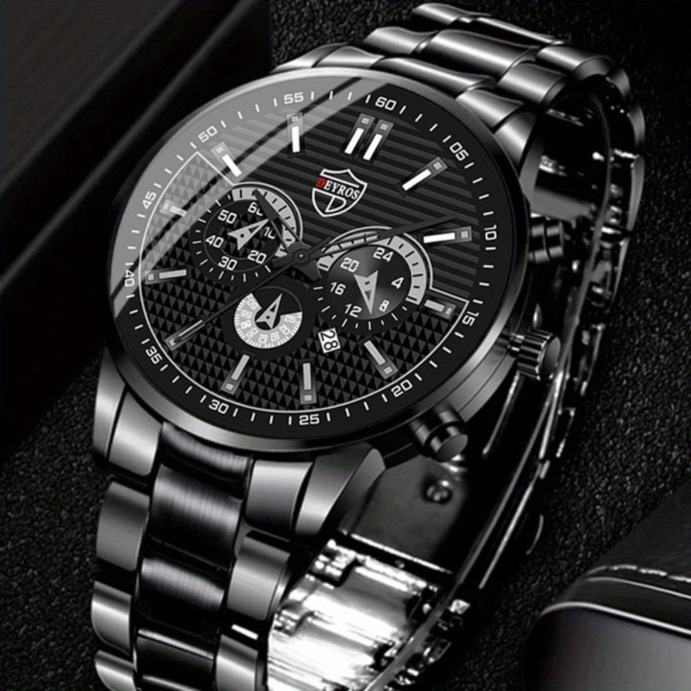 DEYROS Fashion Men's Calendar Steel Strap Watch Men's Casual Fake Three Eyes Quartz Wristwatch, Best Choice for Men's Gifts