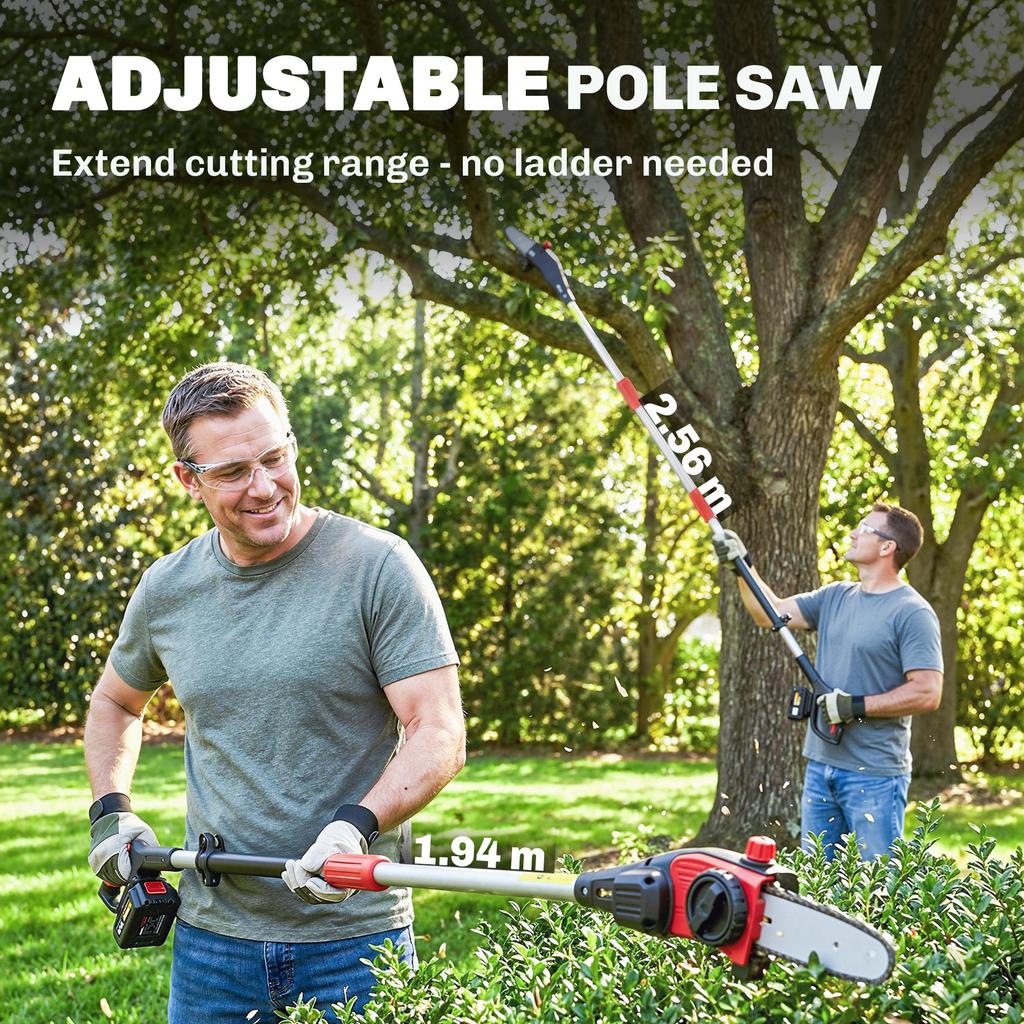 18V 8" Cordless Pole Chainsaw, 1.94m/2.56m Electric Chainsaw with 2 X 4.0Ah Batteries, Charger, Auto Lubrication