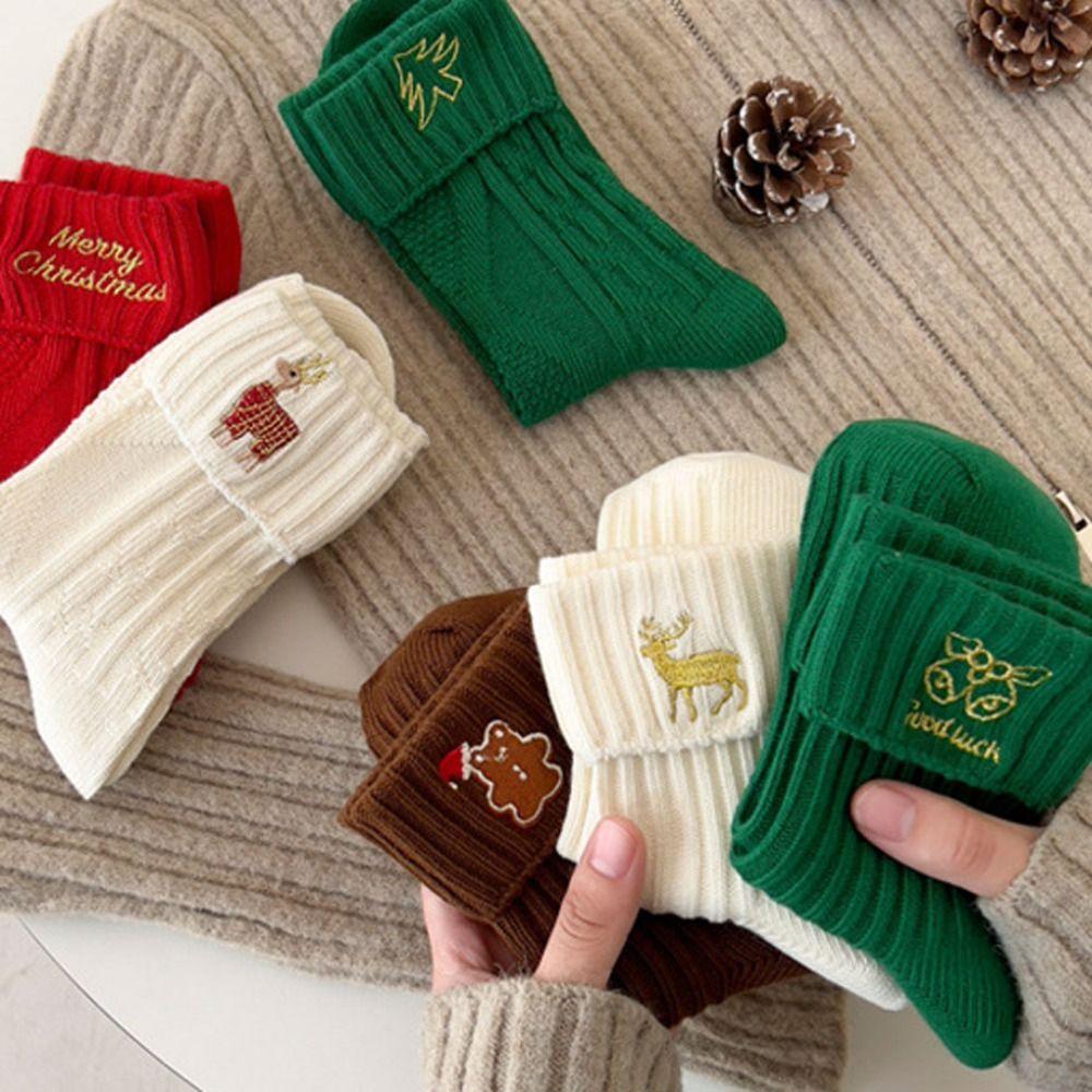 Cotton Christmas Embroidery Socks Christmas Tree Mid-Tube Socks Cute Cartoon Hosiery  Cosplay