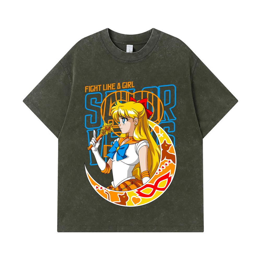 

Стиранные футболки 275 г/м² 100% Хлопок Sailor Moon V5 Принт Венеры Унисекс Плотная Хлопковая Футболка S армия зеленый