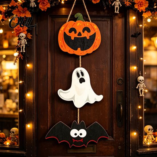 Ghost Festival Celebration Decor Halloween Wooden Hanging Ornament, Jack-o'-Lantern Bat 3-Tier String Door Hanger, Cute Pumpkin Wall Wood Sign Pendant