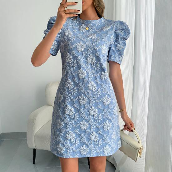 Women's Textured Jacquard Dress Crewneck Short Puff Sleeve A-line Dress Summer Floral Mini Dresses