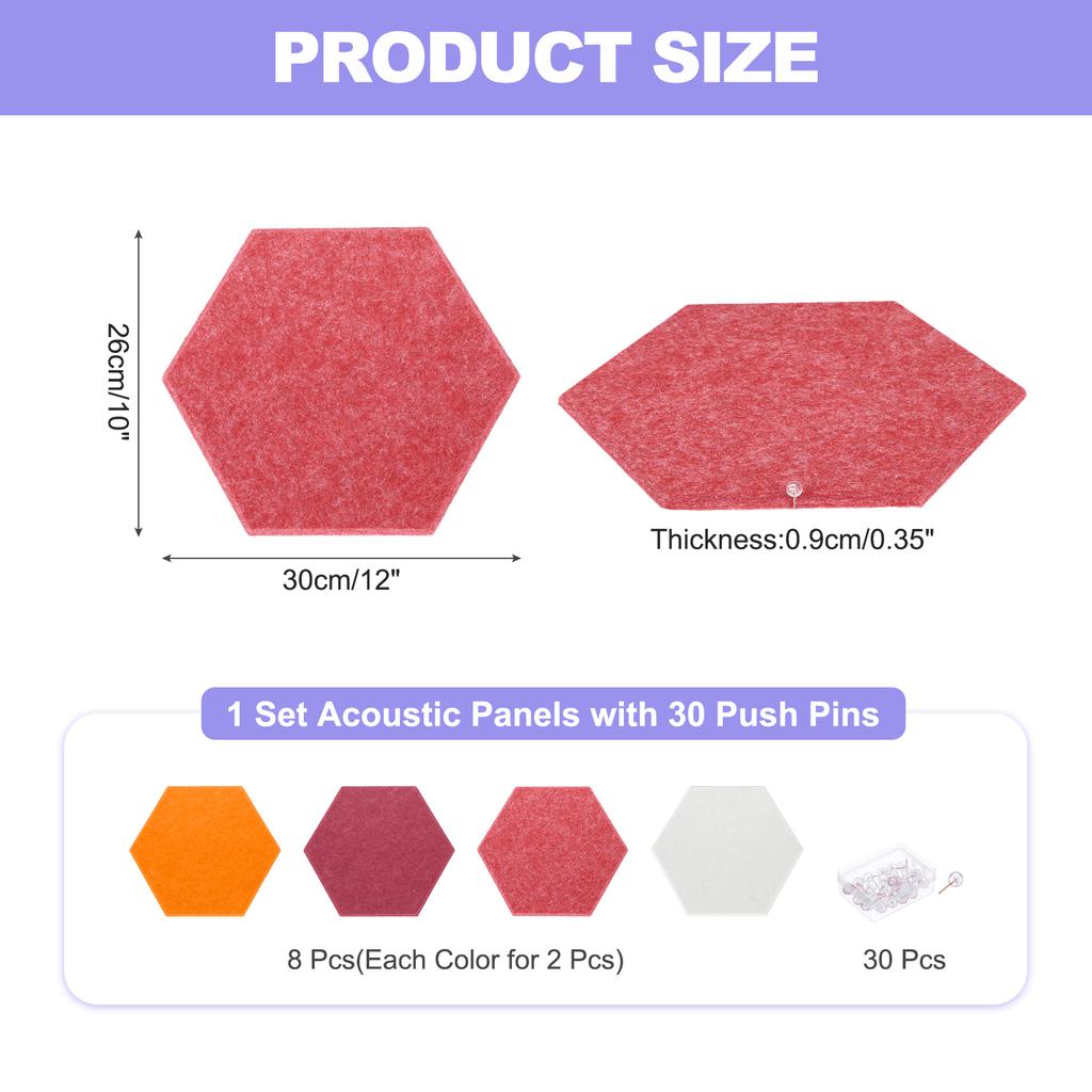 8Pc Hexagon Acoustic Panels 30x26cm B1 Fireproof Soundproof Foam Panels with 30 Push Pins for Wall Decoration Home Studio Office