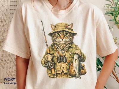 Fisherman Cat Illustration T-Shirt | Vintage Fishing Cat Graphic