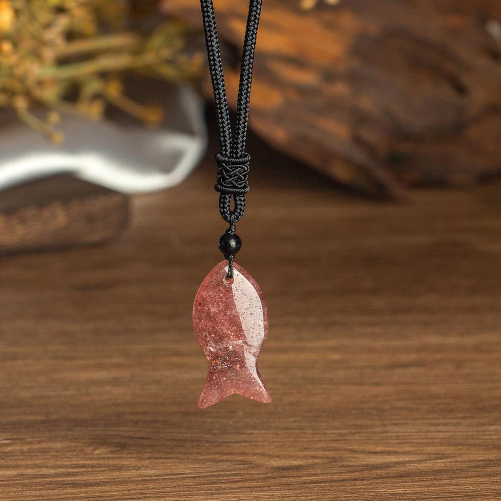 Natural crystal pendant, pink crystal, Dongling, woven fish brand necklace, jewelry