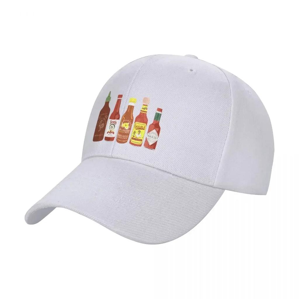 Spicy Check out these hot sauces on black background Baseball Cap fun hats Vintage Beach Outing FeUnisex Unisexs