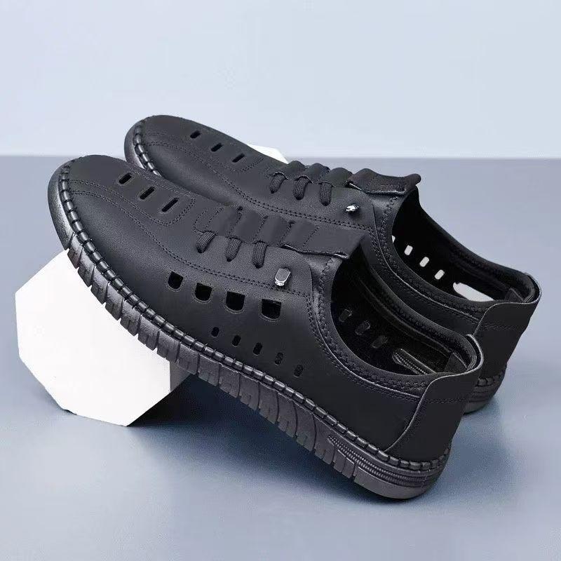 Hole Shoes Men's Summer Fashion Leather Casual Shoes Blue Outdoor Soft Sole Comfortable Breathable Men's Shoes