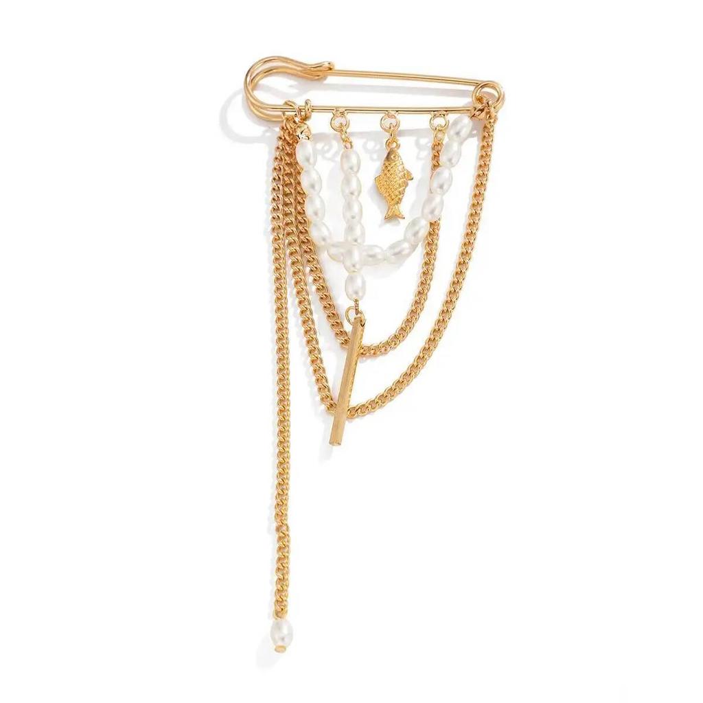 SHIXIN Vintage Luxury Gold Color Metal Fish Pendant Tassel Brooch Women Charm Imitation Pearl Suit Pins Clip Jewelry Accessories