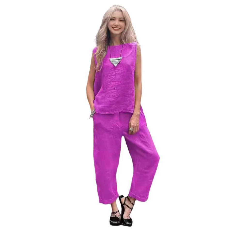 2024 Spring/Summer Cotton Linen Casual Two-Piece Set: Sleeveless Top & Loose Long Pants for Women
