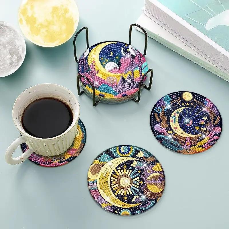 8 Pieces/set of Lunar Starry Sky Diamond Painted Coaster Set with Bracket DIY Coaster for Beginners and Adults, Gift of Art and Crafts Supplies