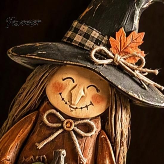 Vintage Style Witch Party Supplies Wooden Figurine, Halloween Statues with Decorations for Home Display Broom Pumpkin Black Cat, Fall Farmhouse