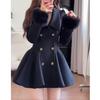 Womens Slim Fit Wool Blend Coat Elegant Fur Trim Double Breasted Turn Down Collar Long Sleeve Solid Color Fashion Outerwear