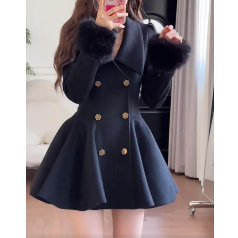 Womens Slim Fit Wool Blend Coat Elegant Fur Trim Double Breasted Turn Down Collar Long Sleeve Solid Color Fashion Outerwear