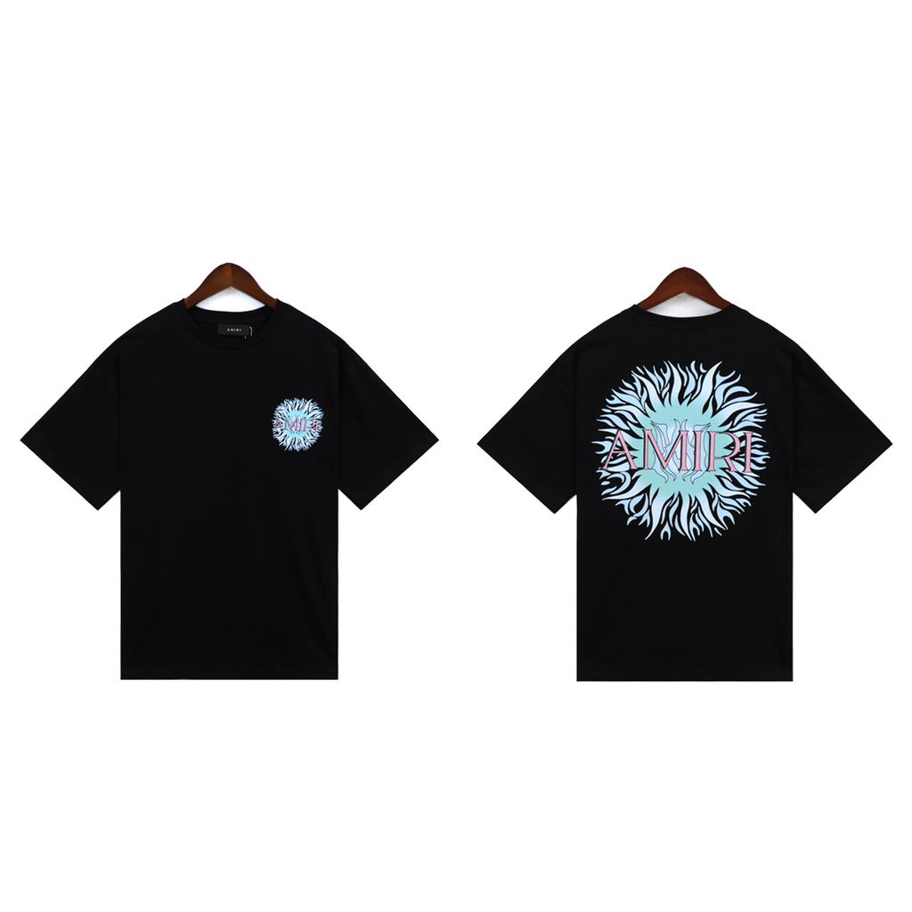 2208 Amiri 2025 Summer New Men's and Women's Loose High Quality Cotton Plus Size T-shirt Couple T-Shirt Sun pattern print