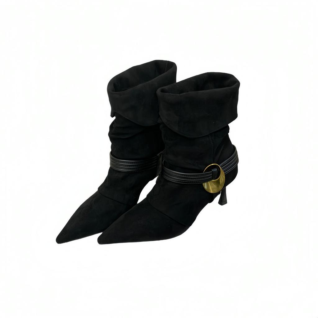 Vintage pointed fashion boots women's 2025 autumn and winter Maillard western cowboy boots suede pleated niche thin boots