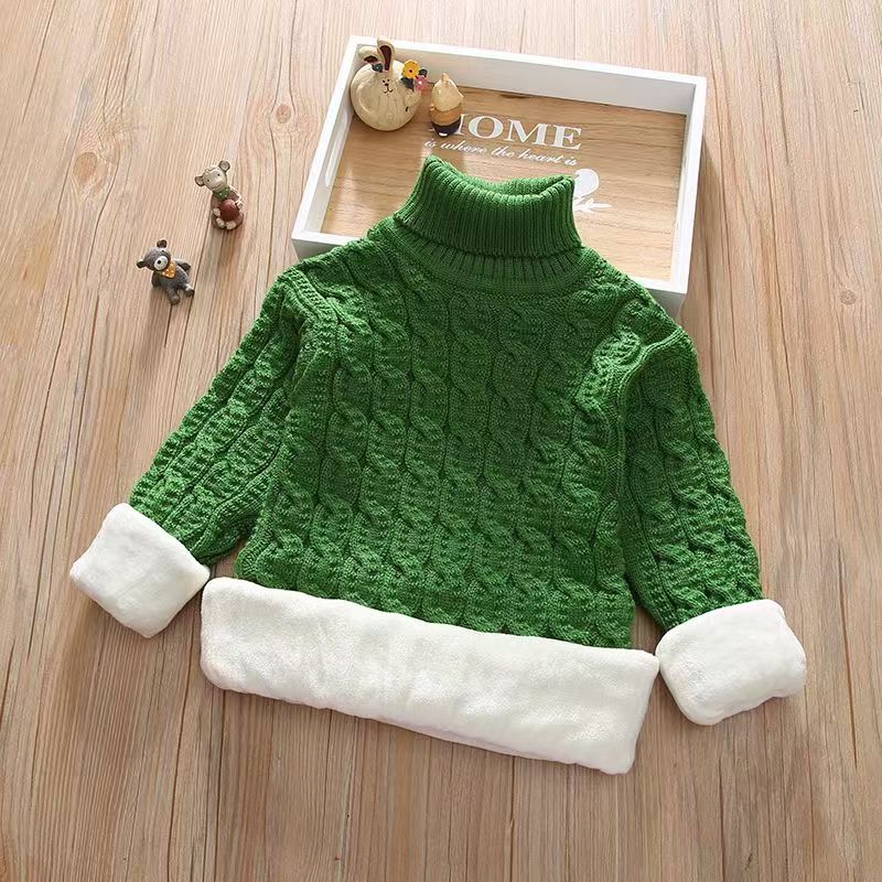 Boys and Girls Sweaters Plus Velvet and Thick Korean Style Knitted Fir Base Shirt Baby Children Round Neck High Collar Warm Sweater