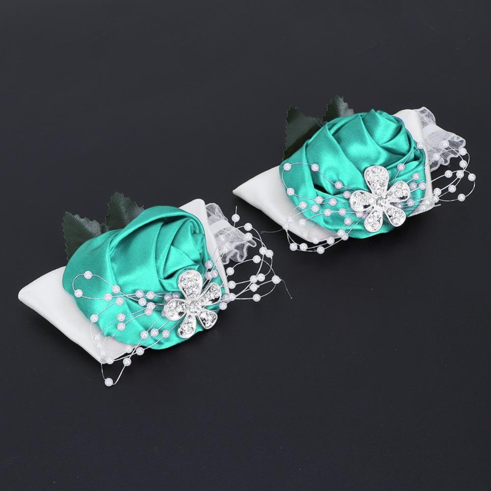 2pcs Rose Red Wrist Corsage Pearl Rhinestone Wedding Corsage Bridal Wrist Flower For Wedding