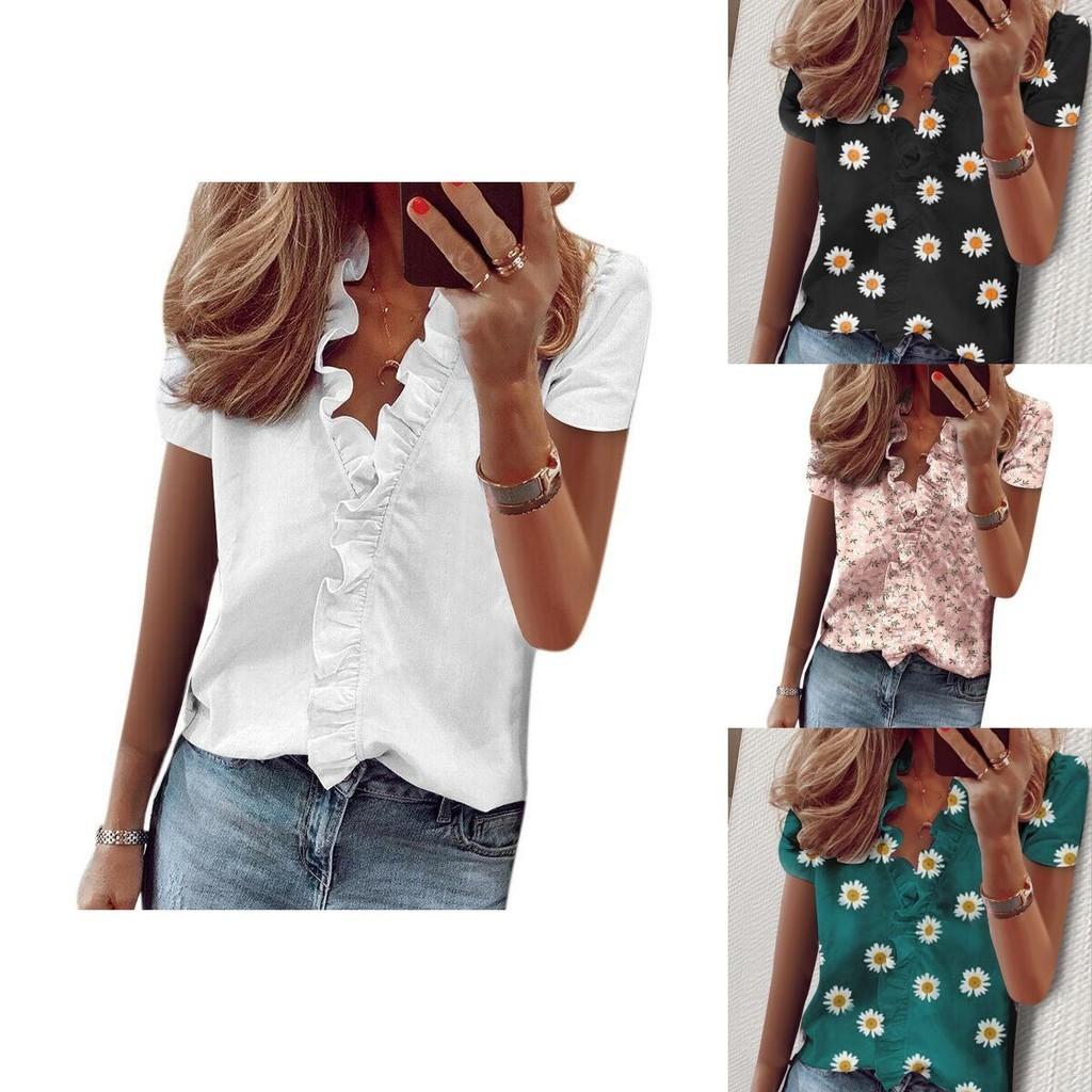 T-shirt da donna alla moda con scollo a V, maniche corte a balze e stampa floreale margherita alla moda